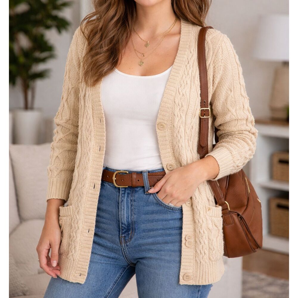 CROFT & BARROW Cotton Glittery Tan Cardigan Medium Women's Cable Knit Sweater
